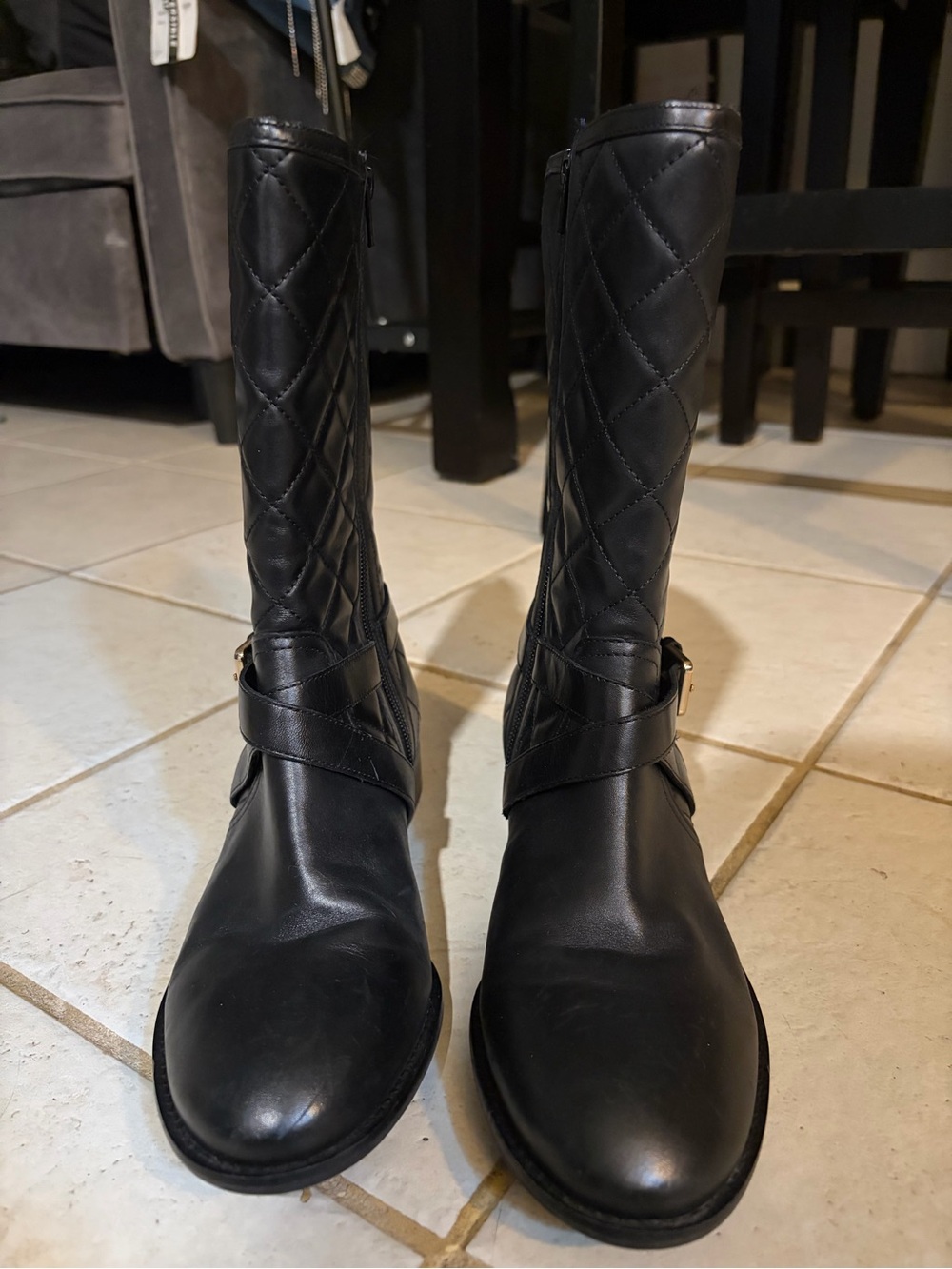 Black Quilted Mid-Calf Boots with Buckle Strap